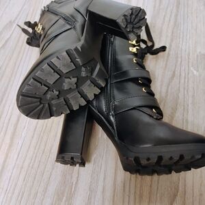 Black High Heel Boots with Gold Accents